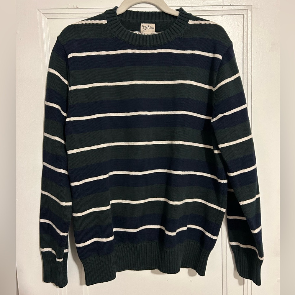 J. Crew Men's Sweater in Navy and Cream Stripes